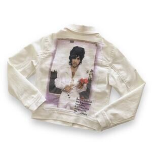 Via Penny Lane Reworked Apparel | Prince Graphic Custom White Denim Jacket